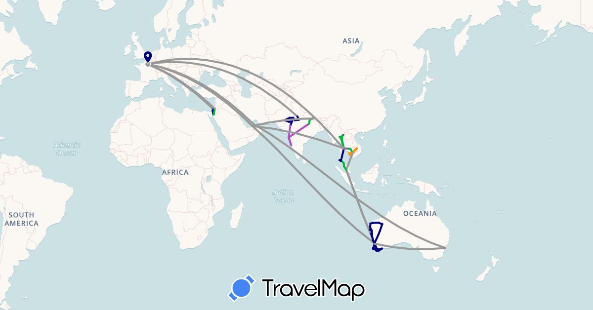 TravelMap itinerary: driving, bus, plane, train, hiking, hitchhiking, motorbike in United Arab Emirates, Australia, France, Israel, India, Jordan, Cambodia, Malaysia, Nepal, Thailand (Asia, Europe, Oceania)